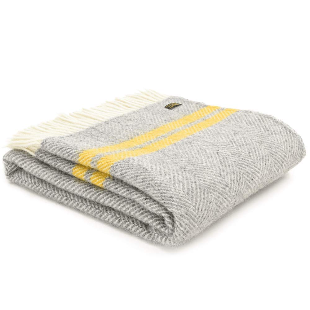 Tweedmill Textiles Grey Fishbone Throw Blanket -100% Pure New Wool - British Made - Silver /Yellow Stripe