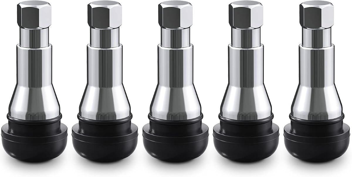 TR413AC Silver Chrome Tubeless Snap-in Tire Valve Stems, 5 Pcs/Pack | EPDM Rubber, for standard .453" Rim holes, Eff. Lenghth 1.25", Compatible with Most cars, SUVs, Light Trucks, and Trailers