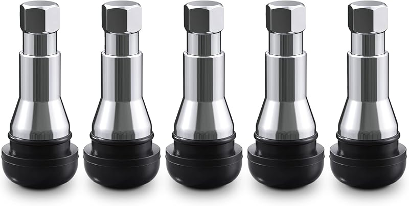 TR413AC Silver Chrome Tubeless Snap-in Tire Valve Stems, 5 Pcs/Pack | EPDM Rubber, for standard .453" Rim holes, Eff. Lenghth 1.25", Compatible with Most cars, SUVs, Light Trucks, and Trailers