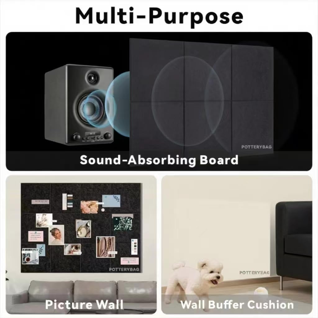 EcoCork Pro 48"x36" Modular Felt Wall Panels - 12 Pack Recycled Felt Tiles with Damage-Free Adhesive, Customizable Cork Board Alternative for Office & Home Decor Black