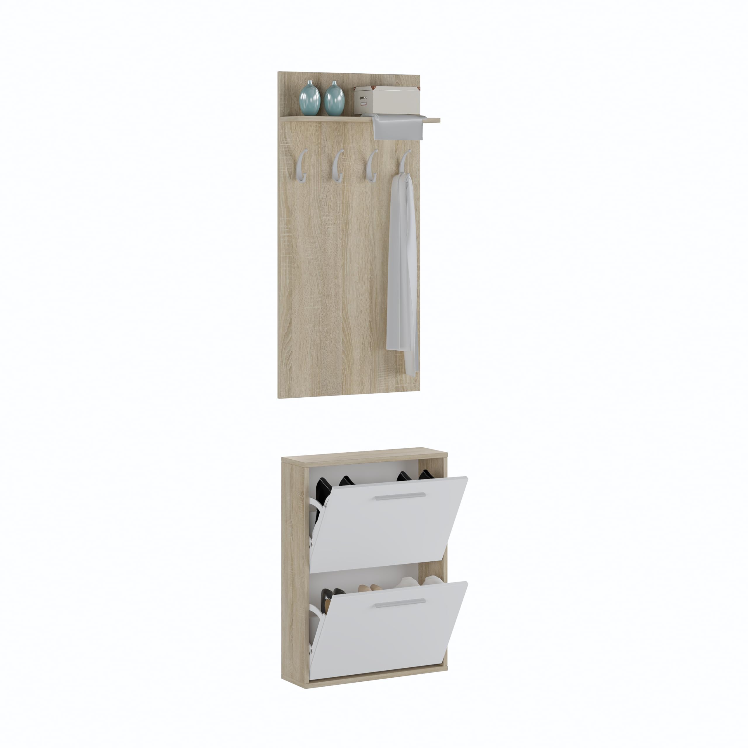 Arreditaly Set Ingresso Salvaspazio con Scarpiera 2 Ribalte e Appendiabiti da Parete con Mensola Mobile Ingresso Moderno Soggiorno Portascarpe Giacche 54 x 73 x 18 Cm (Bianco e Rovere)