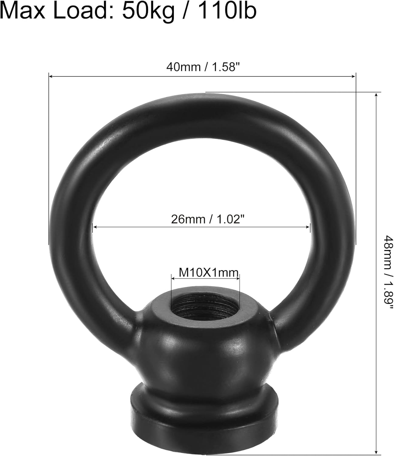 MECCANIXITY Eye Nut 50kg Max Load M10 Thread Ring Shape Female Loop for Hanging Lamp Chandelier, Iron Black
