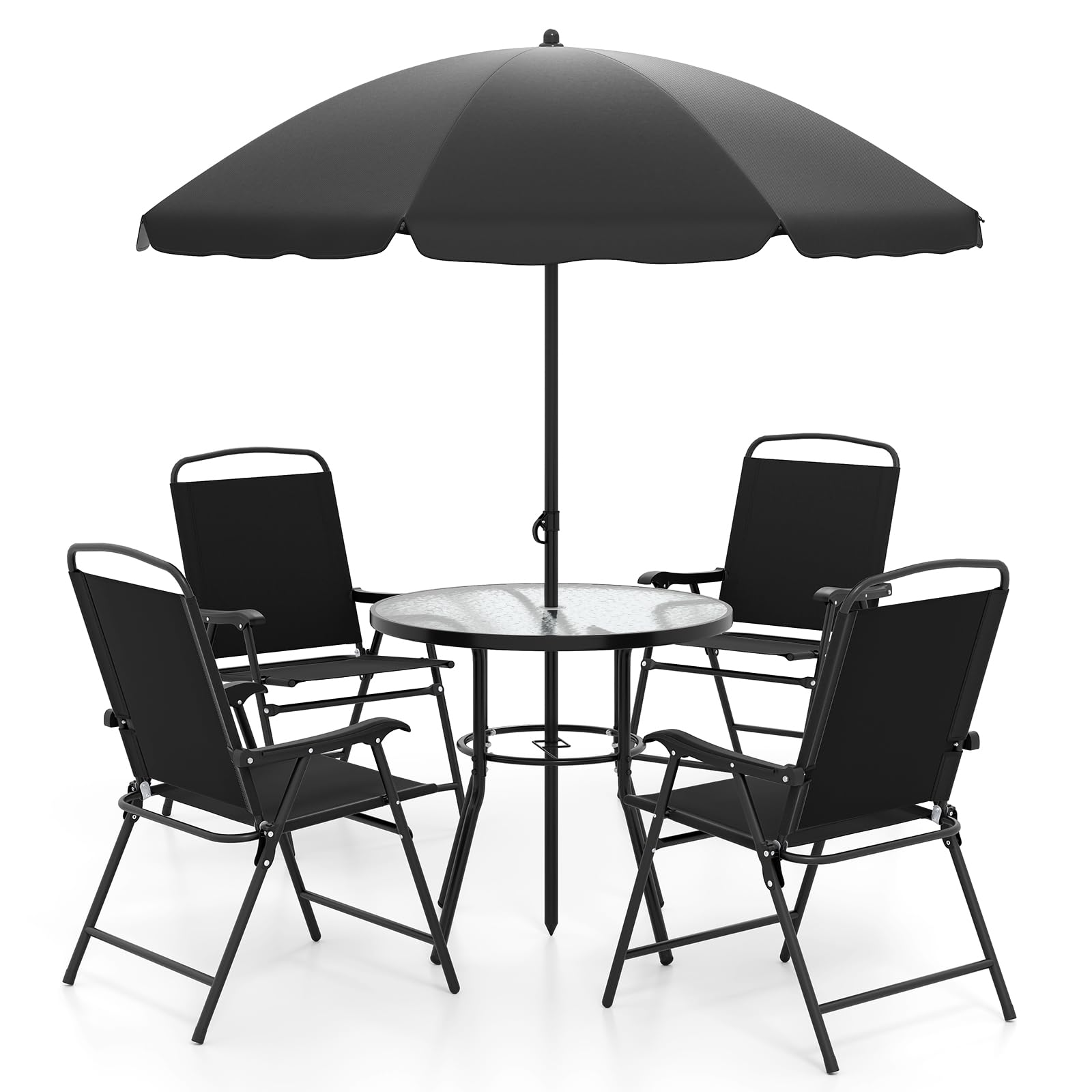 COSTWAY Conjunto Jardin Exterior de 6 Piezas, Mesa Redonda de Vidrio Templado, 4 Sillas Plegables con Brazos y Sombrilla, Muebles Comedores Jardin Terraza Balcon Exterior