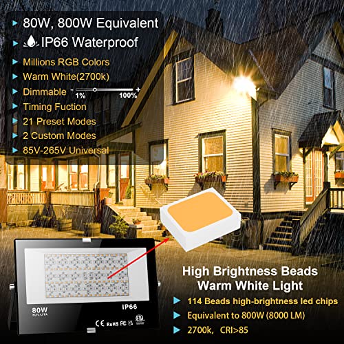 LED Flood Light Outdoor 800W Equivalent, Bluetooth Smart Color Change Landscape Lighting, DIY-Scene+RGB Colors+Warm White 2700K - APP & Group Control & Timing, IP66 Waterproof US 3-Plug Up Light - Image 3