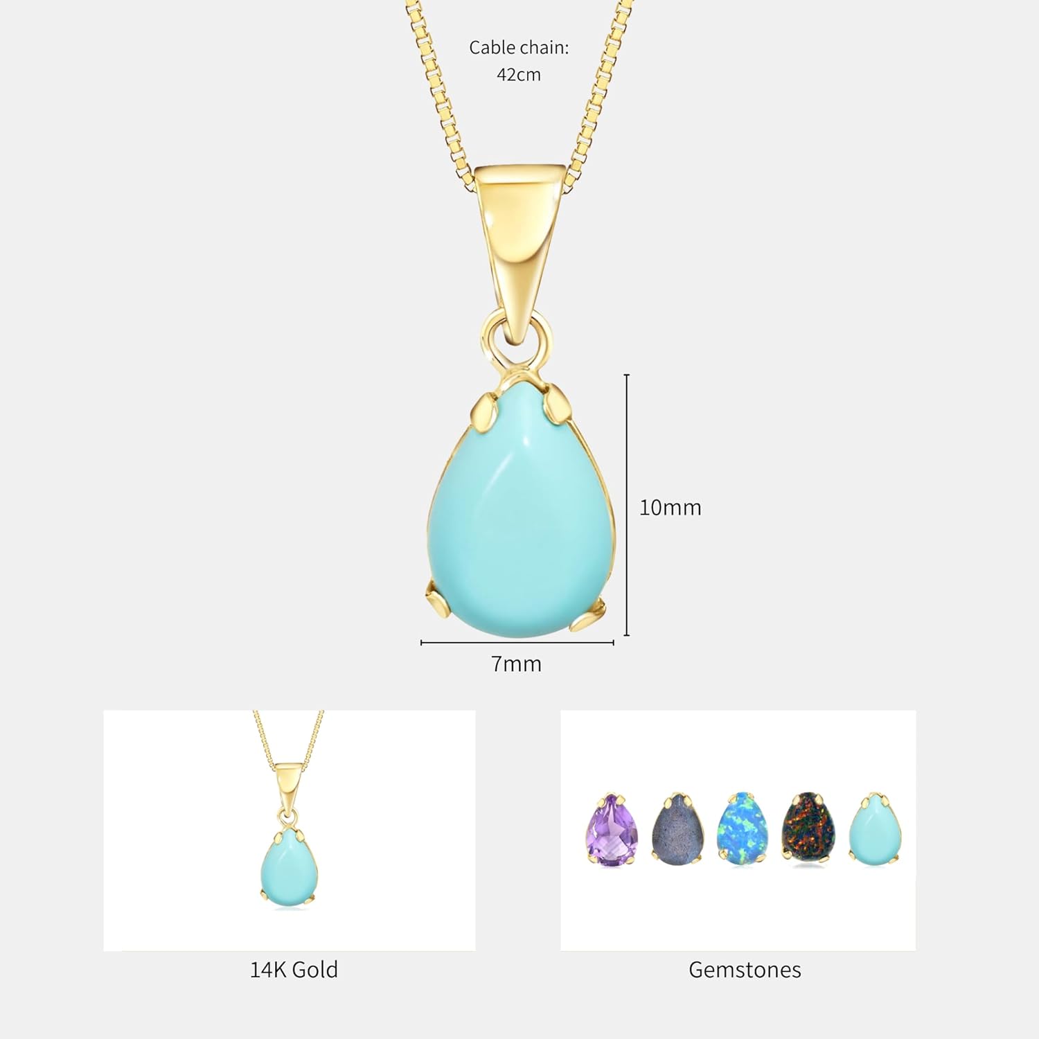 14K Gold Turquoise Necklace - 7x10mm Teardrop Gemstone -Turquoise Jewelry for Women - Pendant - December Birthstone Necklace Gold - Image 7