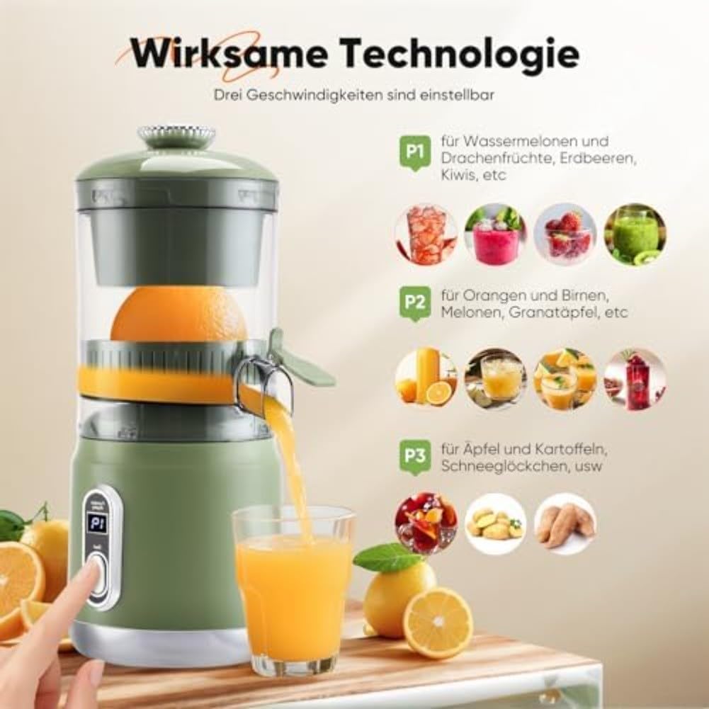 Exprimidor eléctrico de cítricos con operación de un solo toque y pantalla LCD, extracción eficiente de hasta 12.000 RPM para limones, naranjas y más, componentes extraíbles para limpieza (verde)