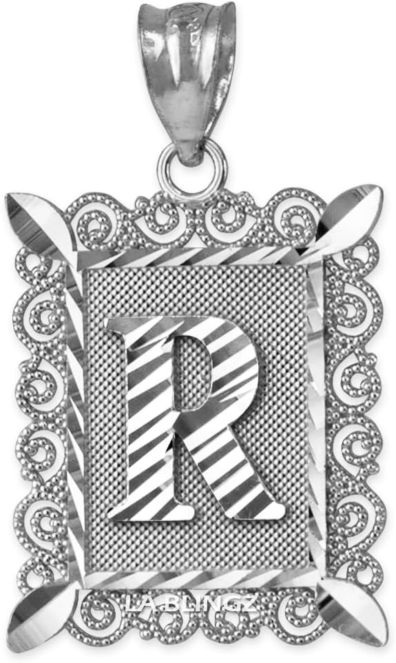 LA BLINGZ Sterling Silver Filigree Alphabet Letter 'R' Initial Personalized Charm Pendant (S/M/L)