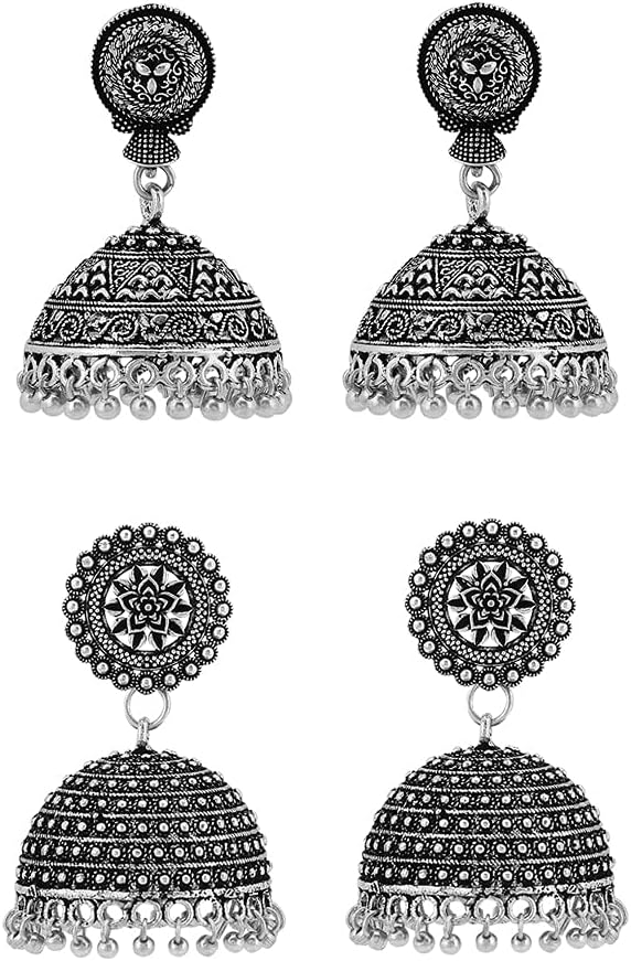 Yellow ChimesEarrings for Women & Girls | Traditional Silver Oxidised Jhumka | German Silver Earring Set | Dome Shape Jhumki Earrings Combo | Birthday & Anniversary Gift
