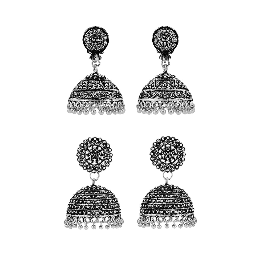 Yellow ChimesEarrings for Women & Girls | Traditional Silver Oxidised Jhumka | German Silver Earring Set | Dome Shape Jhumki Earrings Combo | Birthday & Anniversary Gift