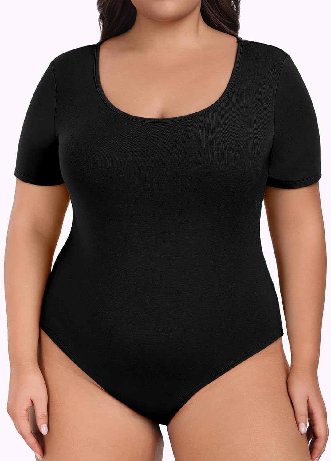 Lastshe Women Plus Size Bodysuit Short Sleeve Scoop Neck Casual Slim Fit Stretchy Bodysuits - Image 2