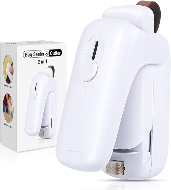 EZCO Mini Bag Sealer, Handheld Bag Heat Vacuum Sealer, 2 in 1 Heat Sealer & Cutter Portable Bag Resealer Machine for Plastic Bags Storage Snack Cookies Fresh (Included Battery)