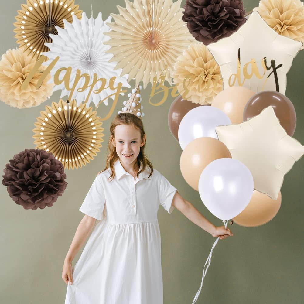 Brown Birthday Decorations for Girls Women Boho Neutral Party Decorations Tan Brown Paper Fans Cream Paper Pom Poms Happy Birthday Banner Brown Tan Balloons for Rustic Party Decor