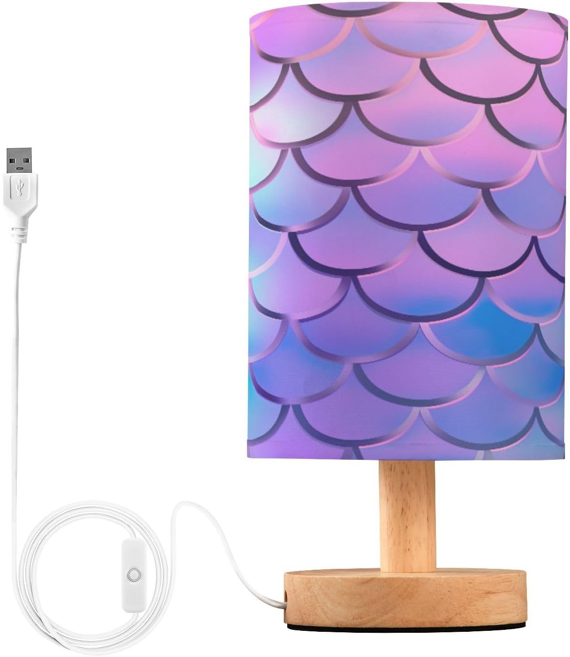 YETTASBIN Mermaid Scale Bedside Table Lamp, Small LED Desk Light USB Nightstand Lamp with Non Slip Wood Base & Eye-Friendily Lampshade for Living Room Bedroom Dorm Home Office Desk Decor