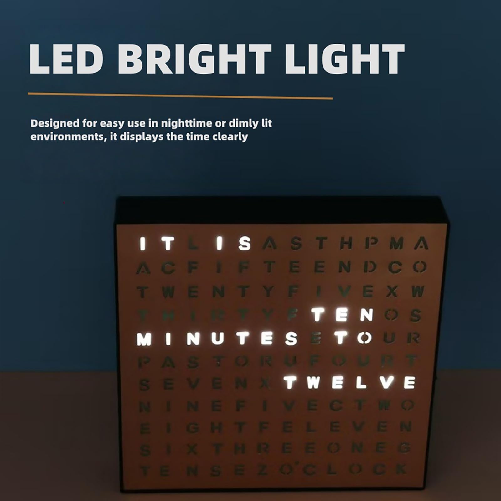Orologio a Parole LED Illuminato, Orologio da Scrivania Elettronico, con Doppia Opzione di Posizionamento, Parete o Scrivania, Regolazione Multi-Modalità e Display a Testo Luminoso, Nero