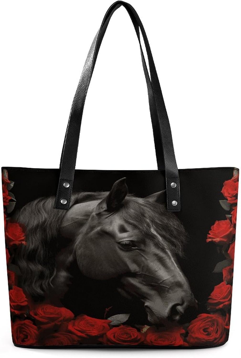 Black Horse on A Background of Red Roses Tote Bag Large Soft Leather Purse with Zipper Lightweight Ladies Shoulder Handbag
