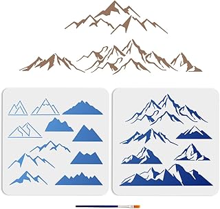 MAYJOYDIY 2pcs Mountain Stencils 11.8×11.8inch Planar and Three-Dimensional Mountain Stencils with Paint Brush Nature Mountains Peaks Climbing Drawing Template for Fabric Walls Furniture Wood Canvas