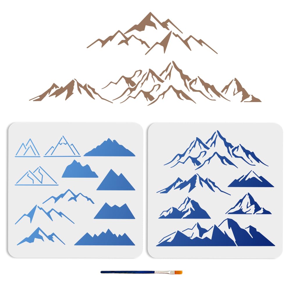 MAYJOYDIY 2pcs Mountain Stencils 11.8×11.8inch Planar and Three-Dimensional With Paint Brush, Nature Peaks Climbing Drawing Template for Fabric, Walls, Furniture, Wood, Canvas-image-14