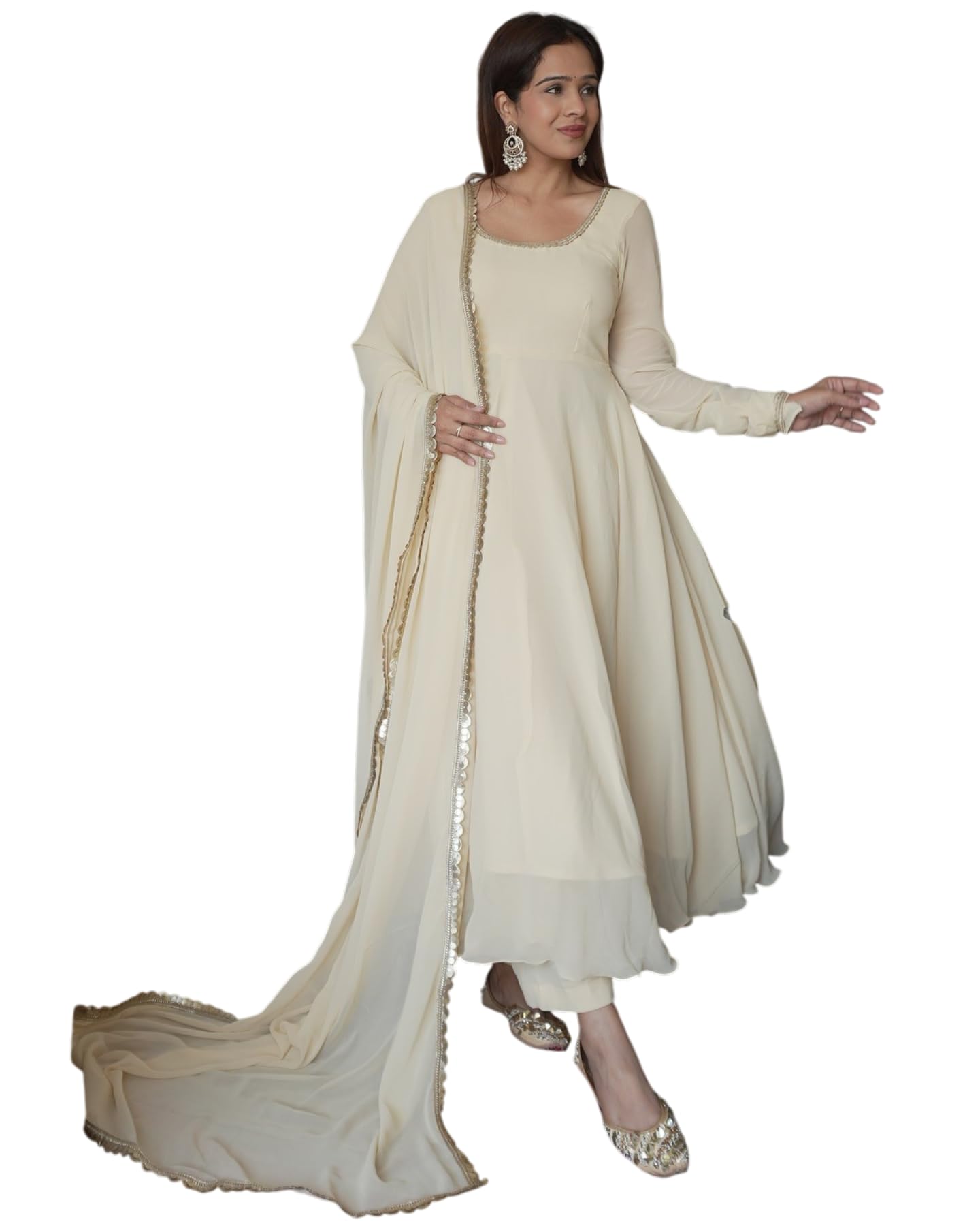 jay jogmaya creation Women's Anarkali Kurti Pant and Dupatta Set, Cream, with Sequin Embellished Neckline and Dupatta Border-picture-56