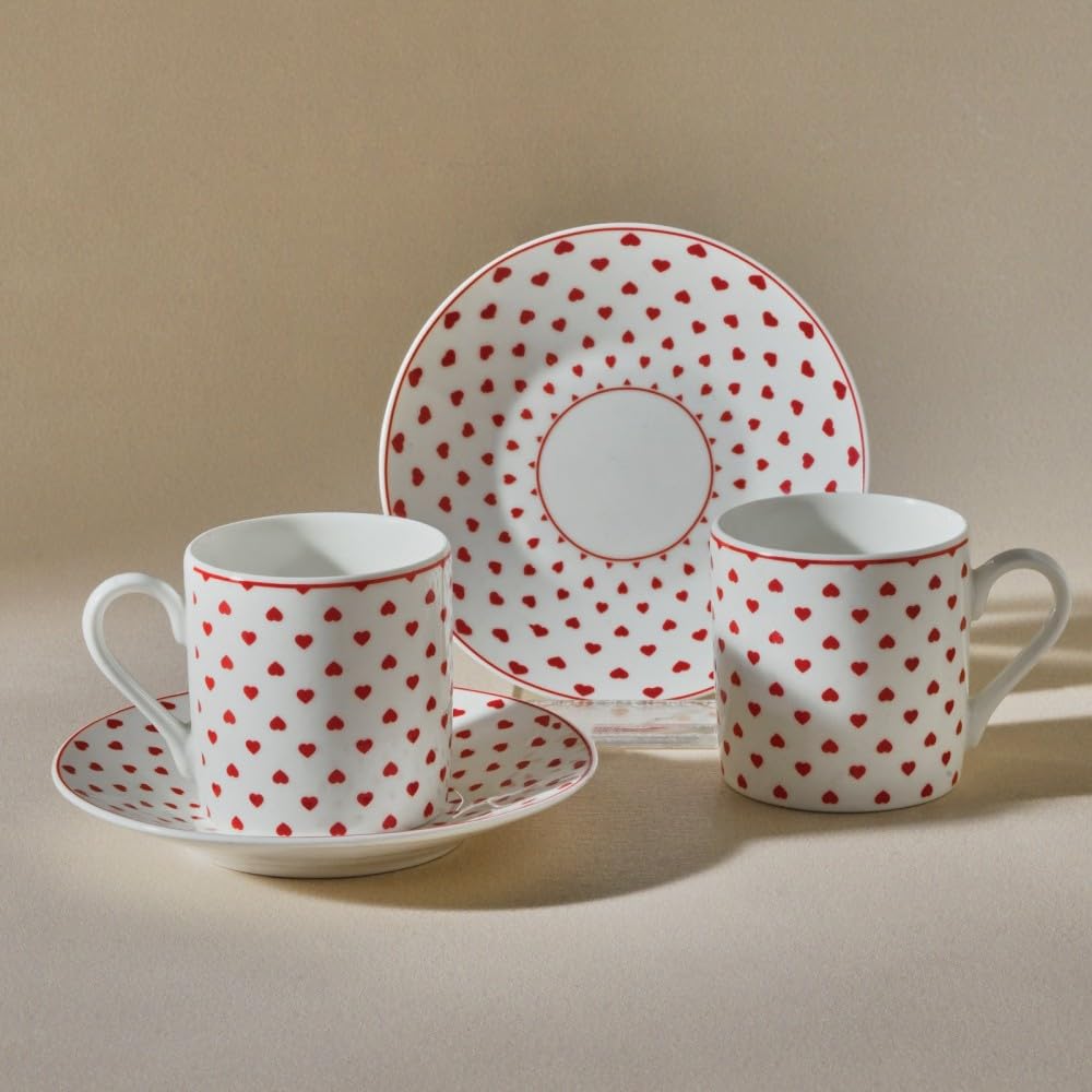 KARACA Sweet Love 4-Piece Bone China Espresso/Turkish Coffee Cup & Saucer Set 80 ml – Romantic White & Red Design