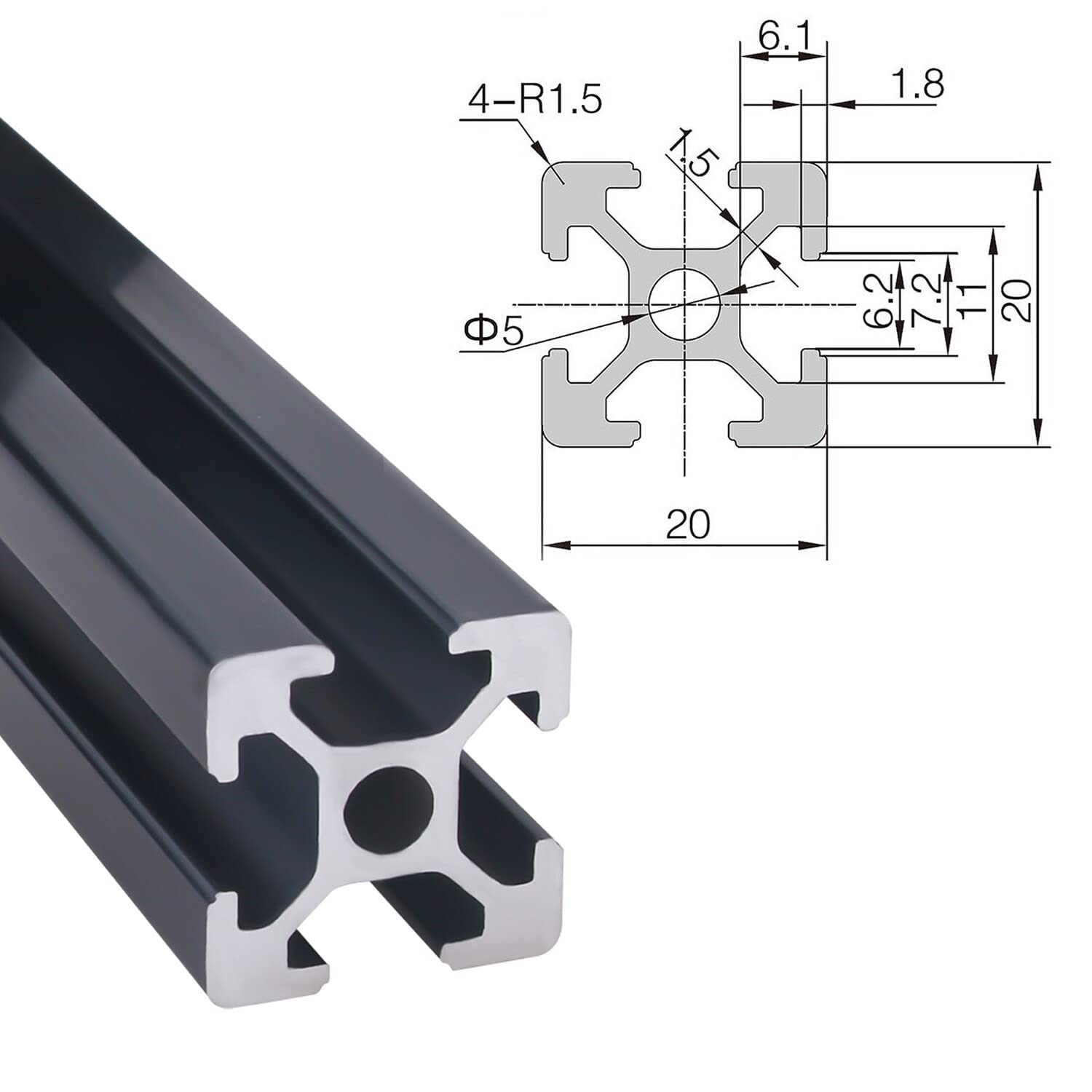 CNCMANS Lot de 4 profilés en aluminium 600 mm 2020 - Type T - Noir - Norme européenne - Profilé linéaire anodisé en aluminium avec écrou en T et connecteur coudé en L pour machines CNC