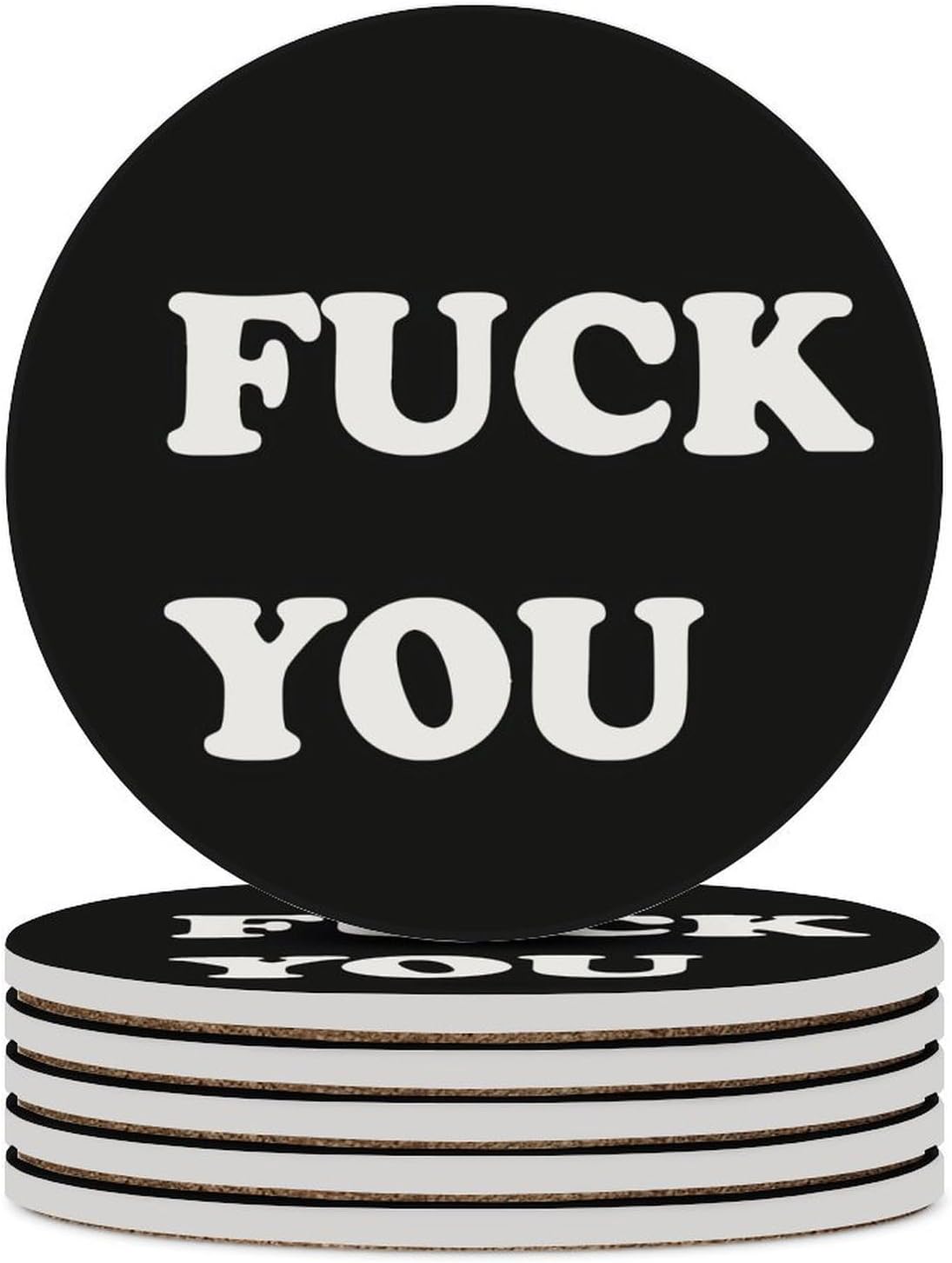 FCK You Round Ceramic Coasters Print Drinks Absorbent with Cork Base for Home Decor Gifts 4 Inch