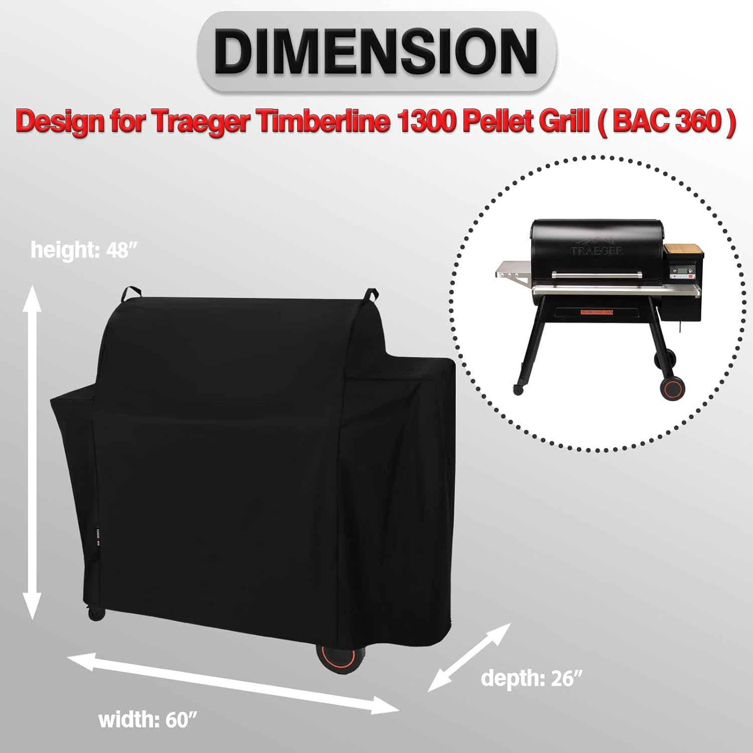 Grill Cover for Traeger Timberline 1300, Waterproof Pellet Grill Cover for Treager Timberline 1300 Grills (BAC360) with Zipper Closure