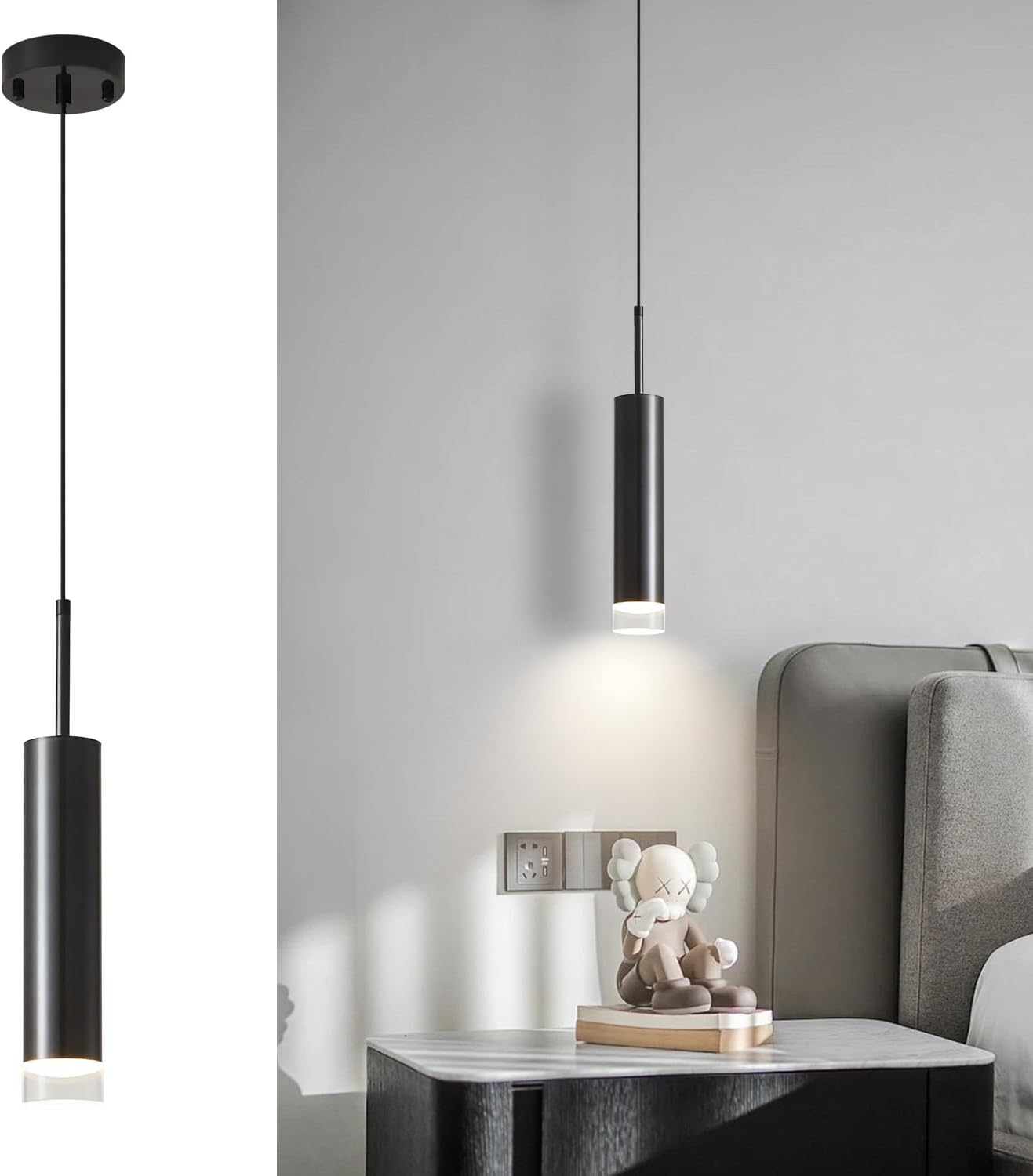 KCO Lighting LED Black Mini Pendant Light Modern Cylinder Pendant Lighting Small Adjustable Contemporary Ceiling Hanging Light for Kitchen Island Living Room (Black)