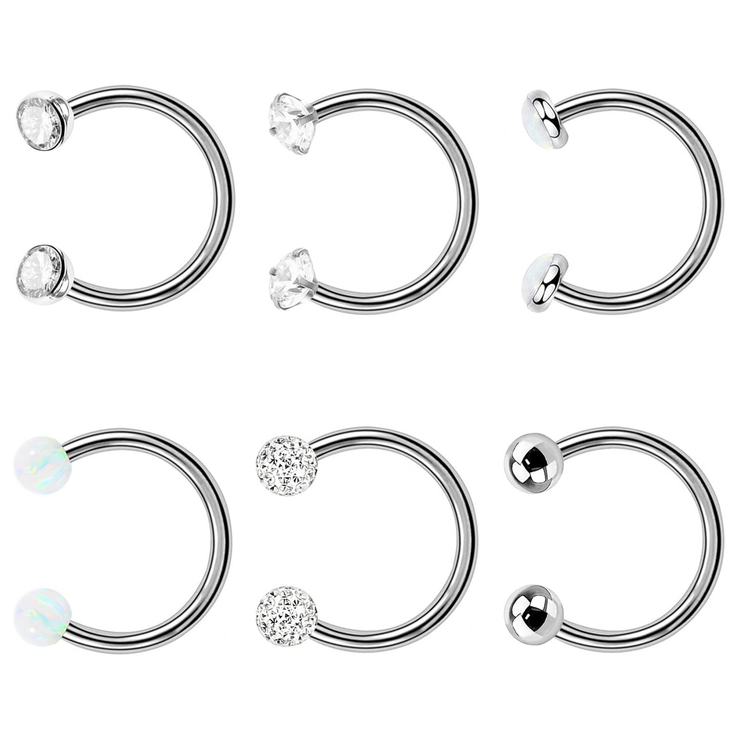 Heuvipens 6pc 16g Internally Threaded Horseshoe Nose Septum Lip Ring Surgical Steel Zircon Opal Ball Hoop Ear Piercing Jewlry