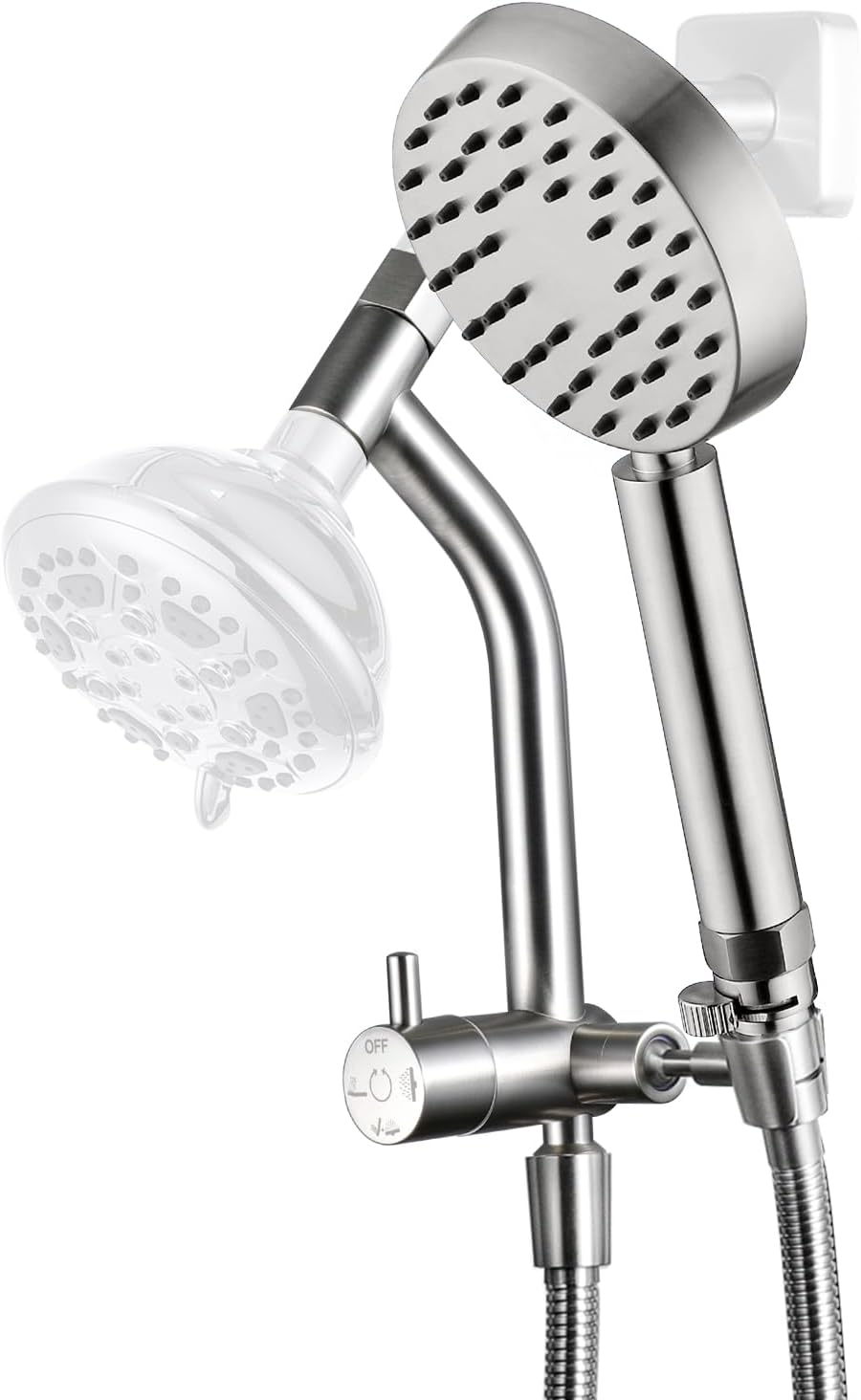 G-Promise Solid Metal Brushed Nickel Handheld Shower Head with Extended Downward Holder, With Extra Long Stainless Steel Hose & Water Saving On/Off Pause Valve, Modern Style, 1 Setting
