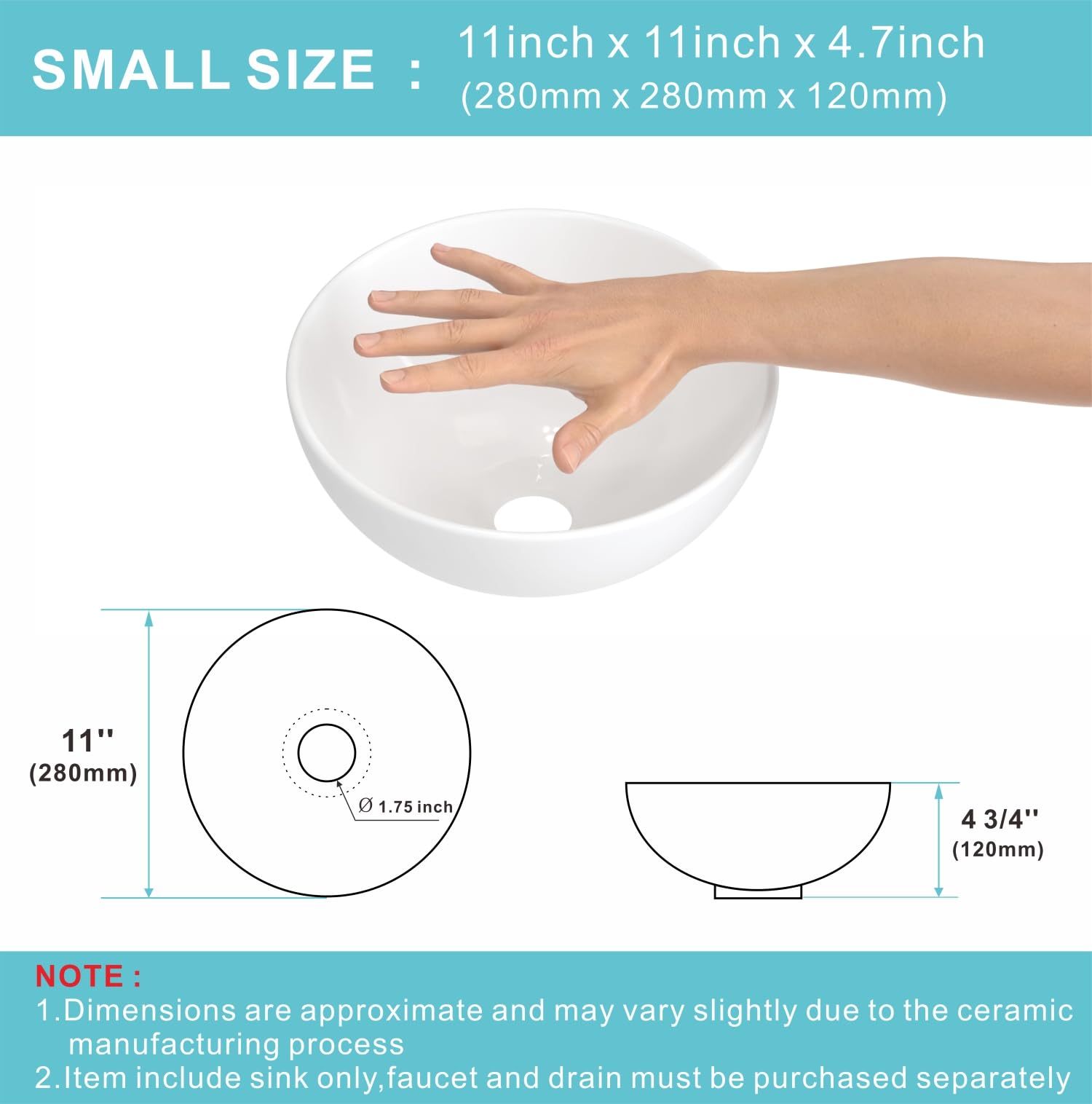 J-FAMILY Fregadero pequeño de 11 pulgadas para baño, lavabo redondo de cerámica blanca, lavabo pequeño