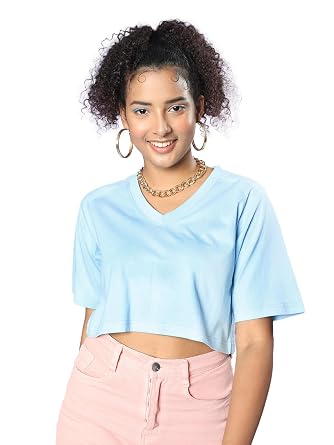 JUNEBERRY Women Cropped V-Neck Atomizer T-Shirt with Graphic Print