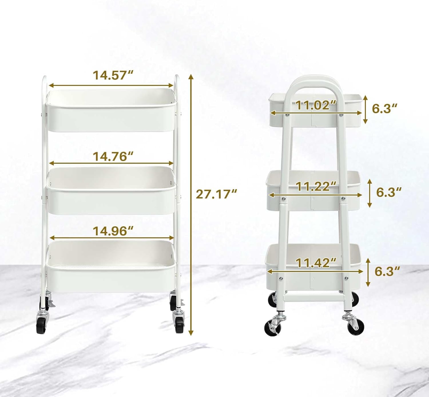 AGTEK 3 Tier Utility Rolling Cart with Lockable Wheels, Metal Multifunctional Storage, Organizer Cart for Kitchen, Office, Living Room, Makeup, Craft, Art Studio, White