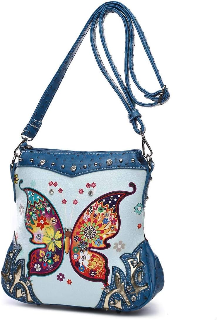 Western Style Metal Butterfly Rhinestone Studded Floral Tooled Leather Women Purse Crossbody Handbag Single Shoulder Bag
