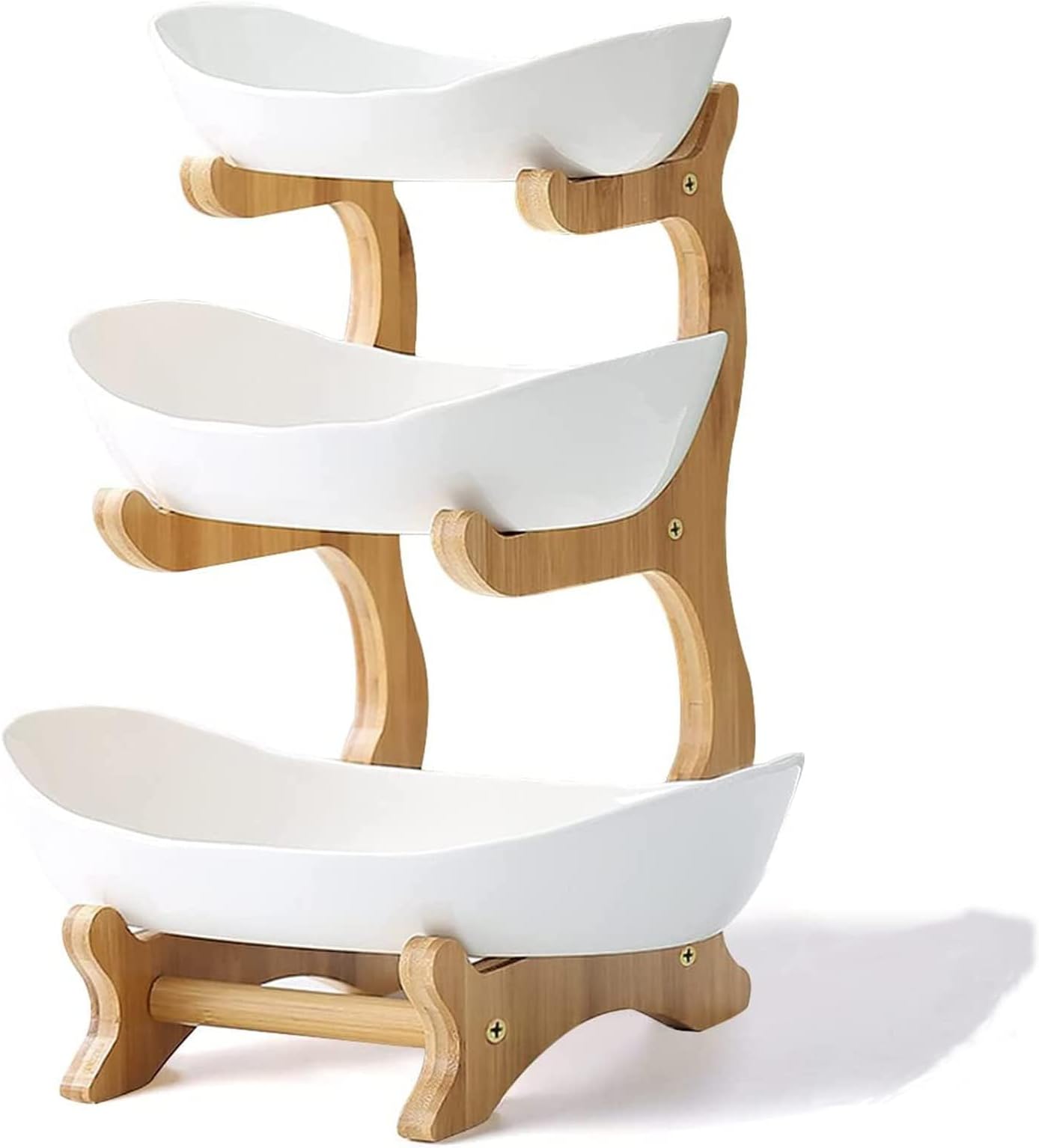 THE WHITE SHOP 3 Tier Ceramic Fruit Bowl With Bamboo Wood Stand for Kitchen Counter,Porcelain Fruit Basket for Vegetable Storage,White,12.9×5.7inch
