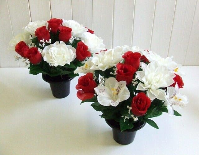 Artificial Flower Arrangement in Crem Pot/Vase 30CM (PAIR, ONE OF EACH POT) (Red and Cream Rose)