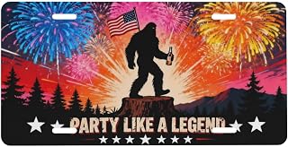 Party Like A Legend Bigfoot American Flag Fireworks Front License Plate Car Decorative License Plates Aluminum Metal Decor Accessory Novelty Vanity Tag with 4 Holes for Men Women 6" X 12"