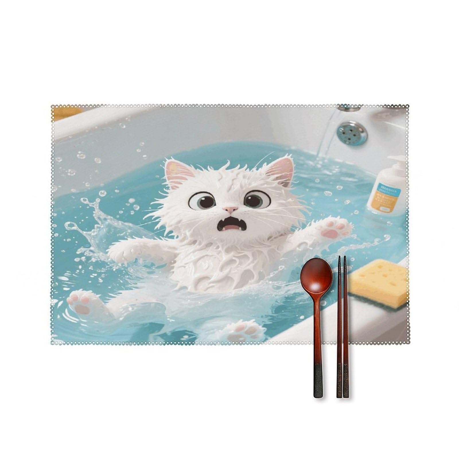 Funny Cat in Water Placemats Set of 4 Heat Resistant Non-Slip Place Mats for Dining Table Washable Placemat Wipeable Dining Table Mat Canvas Place Mats Dining Table Decor
