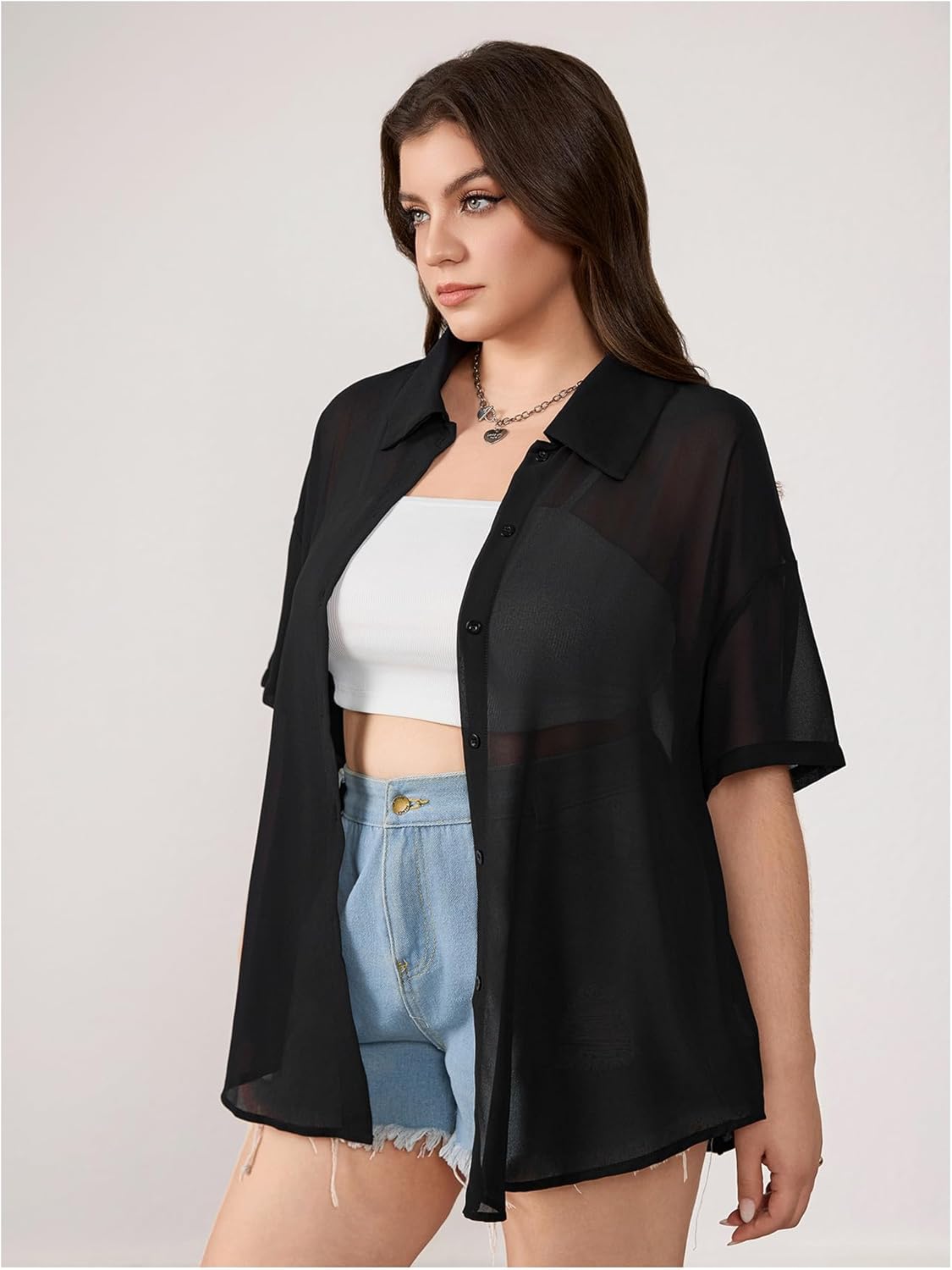 OYOANGLE Women's Plus Size Button Down Sheer Blouse Short Sleeve See Through Collar Mesh Shirts - Image 5