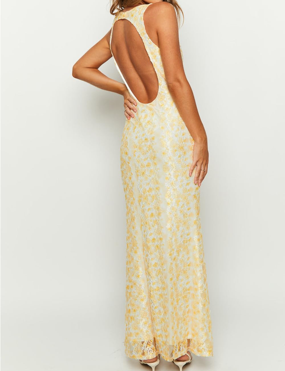 Elegant Lace Floral V Neck Backless Bodycon Dresses for Women Sexy Cut Out Low Back Sleeveless Maxi Dress Wedding Guest - Image 2