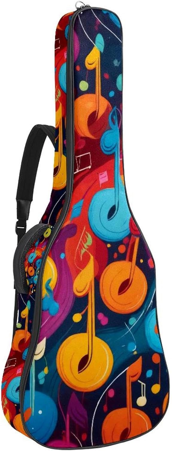 40 41 42 Inch Acoustic Guitar Bag, 0.4 In Thick Sponge Padded Guitar Case Gig Bag with Back Hanger Loop and 2 Pockets, Colorful Music Notes Pattern