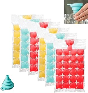 Taicols 50Pcs 24-Cavity Disposable Ice Cube Bags- BPA Free Freezer for Drink, Jelly, Cocktail, Whiskey, Wine, Easy Release with Zip Seals A Silicone Funnel Ice Trays for Freezer Disposable Cube Bags Ice Cube Mold Trays