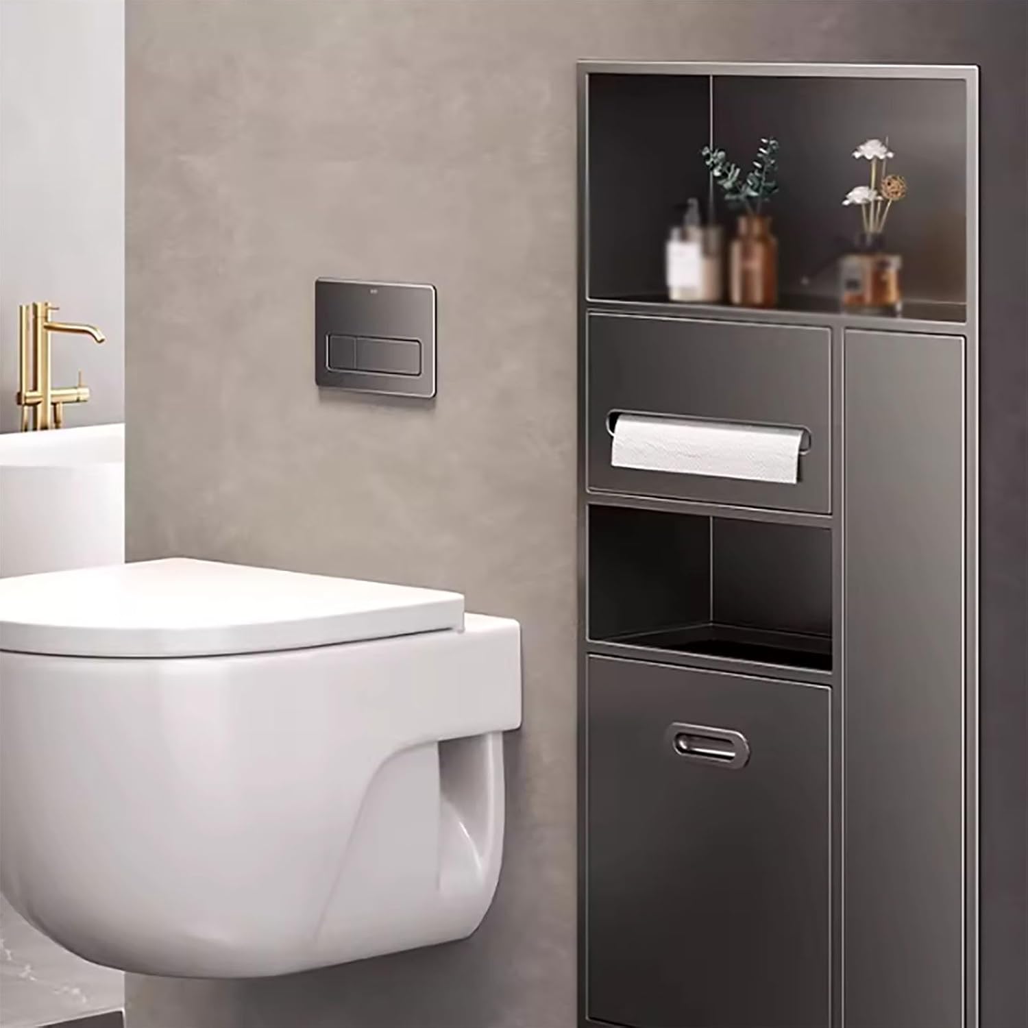 Recessed Toilet Paper Holder Shower Niche, Built-in Trash Can Rack & Toilet Brush Holders & Shelf, Bathroom Modern Space Saver 5-in-1 Toilet Module Cabinet, 304 Stainless Steel(Gray)