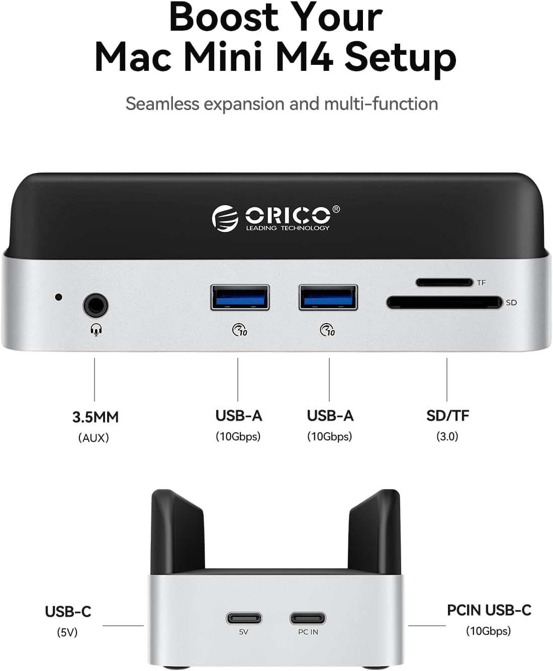 ORICO MiniDock Mac mini M4 Dock and Stand with 8TB M.2 SSD Enclosure (SSD NOT Included), 2xUSB A 10Gbps, SD/TF Card Slots, 3.5mm Audio, for Mac mini M4 and M4 Pro 2024(VSE)