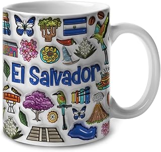 Lotacy El Salvador Symbols Colorful 2D Printed Coffee Mug With Flag, Salvadoran Ceramic Mug 11oz Coffee Mug, Salvadoran Souvenirs and Gifts