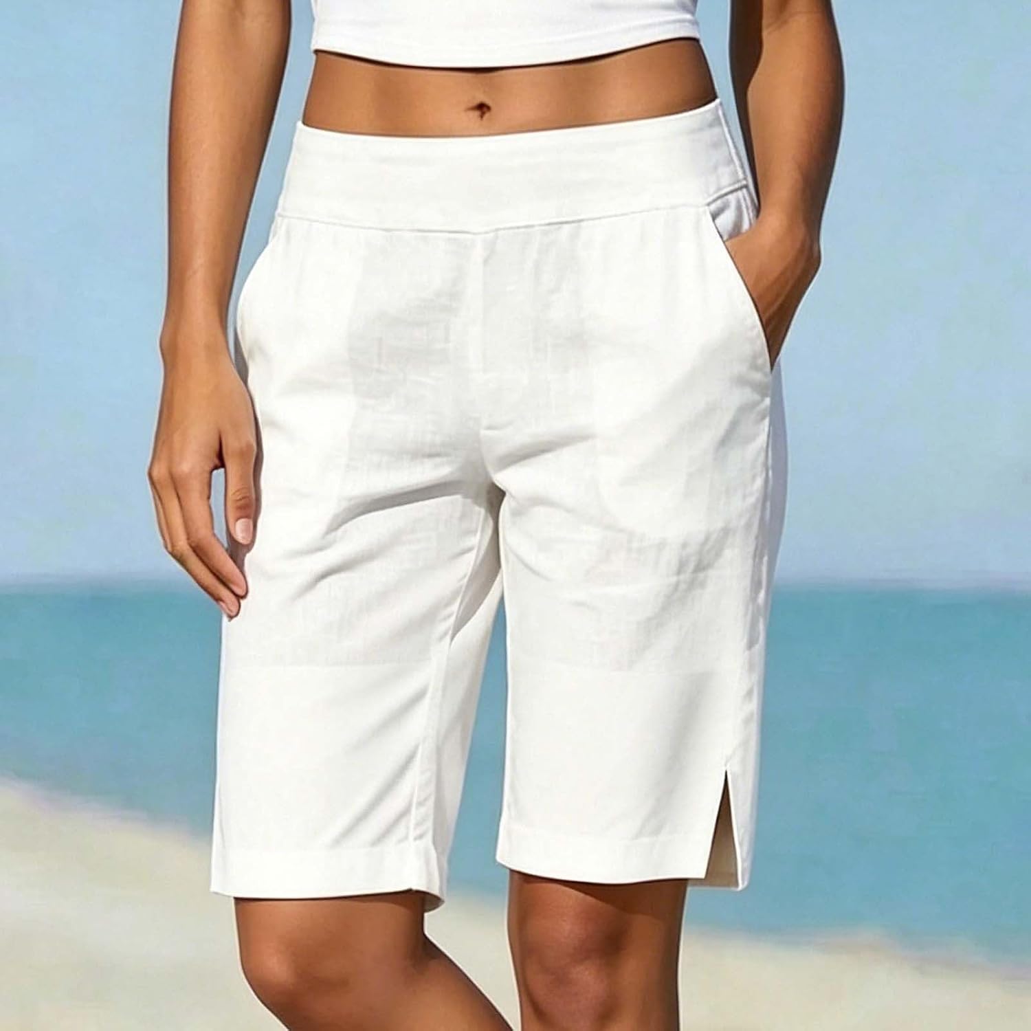 Bermuda Shorts for Women Elastic High Waist Side Slit Wide Leg Pants Casual Loose Knee Length Short Pant with Pockets