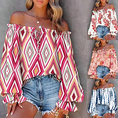Womens Off The Shoulder Boho Floral Blouse Lantern Sleeve Geometric Print Top Ruffle Flower Loose Vacation Shirt #TOP5