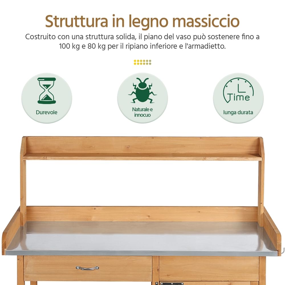 Yaheetech Tavolo Lavoro da Giardino per Piante in Legno Naturale con Ripiano in Metallo Spazioso Cassetto e Armadietto Banco per Giardinaggio 112 x 46,5 x 125 cm