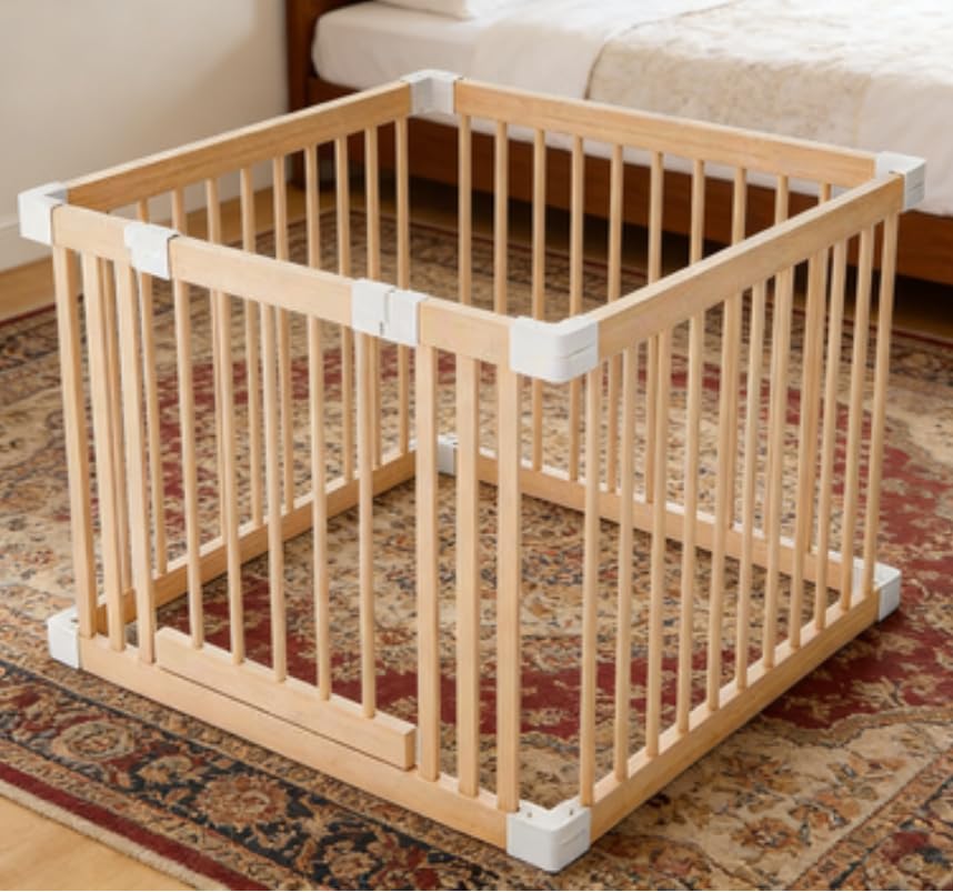 Baby Playpen, Wooden Playpen for Babies and Toddlers,Large Adjustable Wooden Baby Playard with Locking Gate, Easy to Assemble, Portable Play Pen (29.98x25.60Inch)