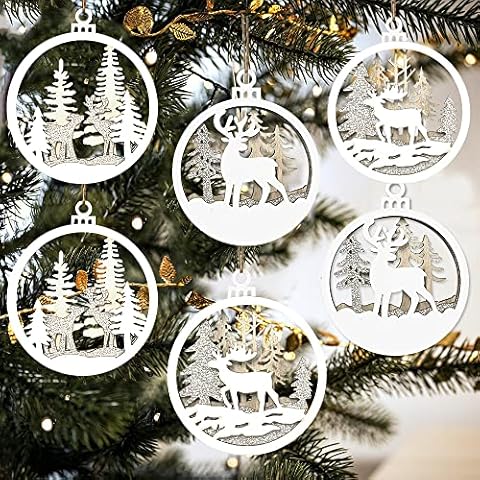 Wooden Christmas Ornaments, 6 Pack Hanging Reindeer Ornaments, Handmade Reindeer Glitter Xmas Tree Ornaments, Winter Christmas Holiday Tree Decorations for Indoor/Outdoor Home (Another 6 Pack) Cover
