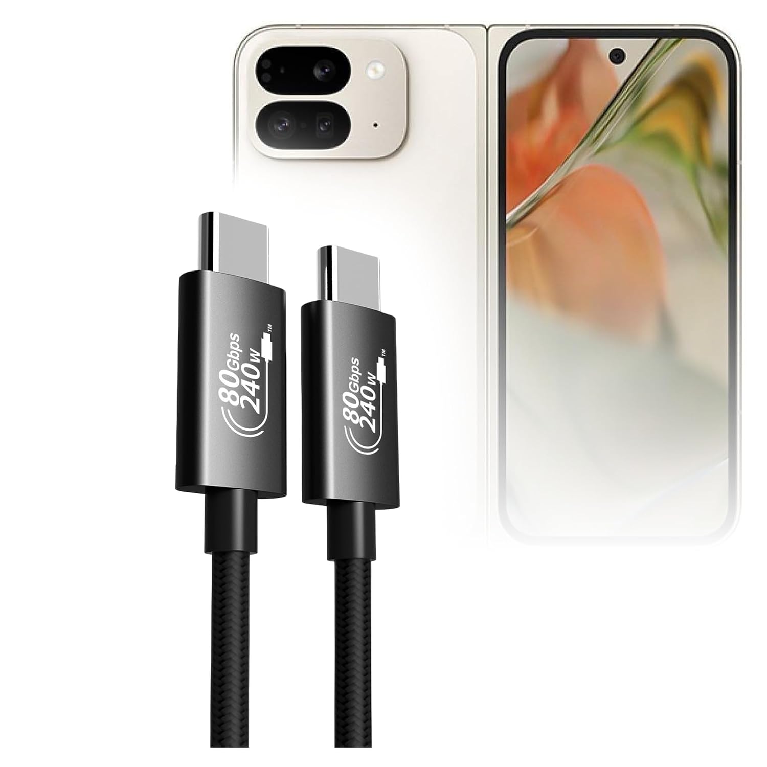 BoxWave Cables & Adapters Compatible with Google Pixel 9 Pro Fold - DirectSync PD Thunderbolt 5.0 Cable (10 ft 240W), Long Nylon Braided Connector Fast Charge - Jet Black